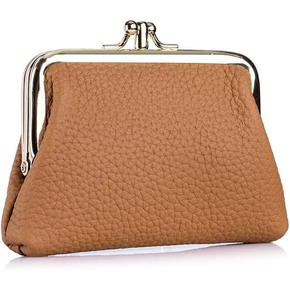 CoCoMangos Small Wallet for Women Vintage Leather Coin Purse Compact Kiss Lock Card Case Daily Change Pouch with 2 Pockets