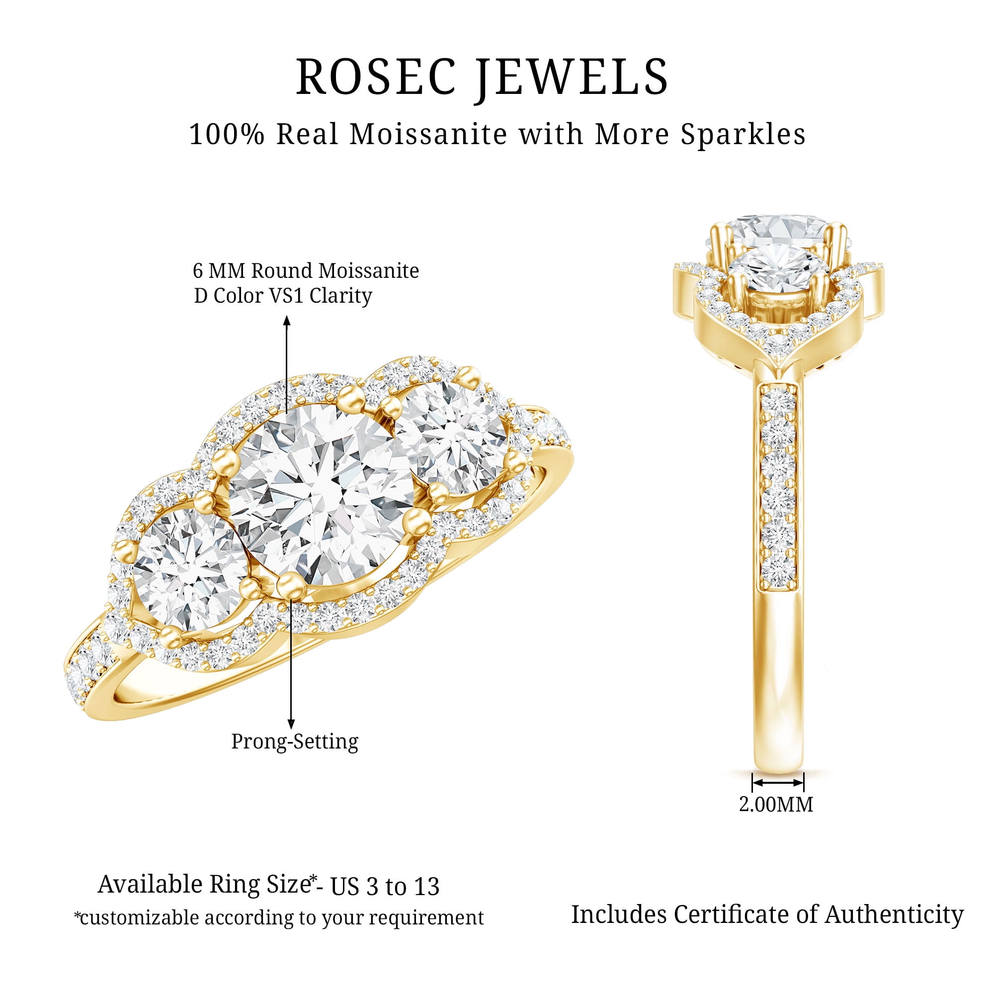 Rosec Jewels Certified Moissanite 3 Stone Engagement Ring for Women - D-VS1 Quality - Statement Ring - with Jewelry Box, 10K Yellow Gold, US 3.00