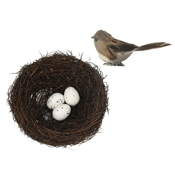 Nido de pájaro artificial con huevos de gorrión, huevos de pájaro de imitación, micropaisajes de pájaros DIY gris