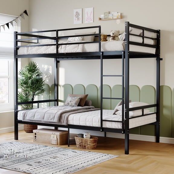 Dolonm Twin over Twin Bunk Bed with Raised Safety Guardrail and Fixed Ladder, Heavy Duty Metal Frame Bunk Bed, Able to Split, Noise Free, Black