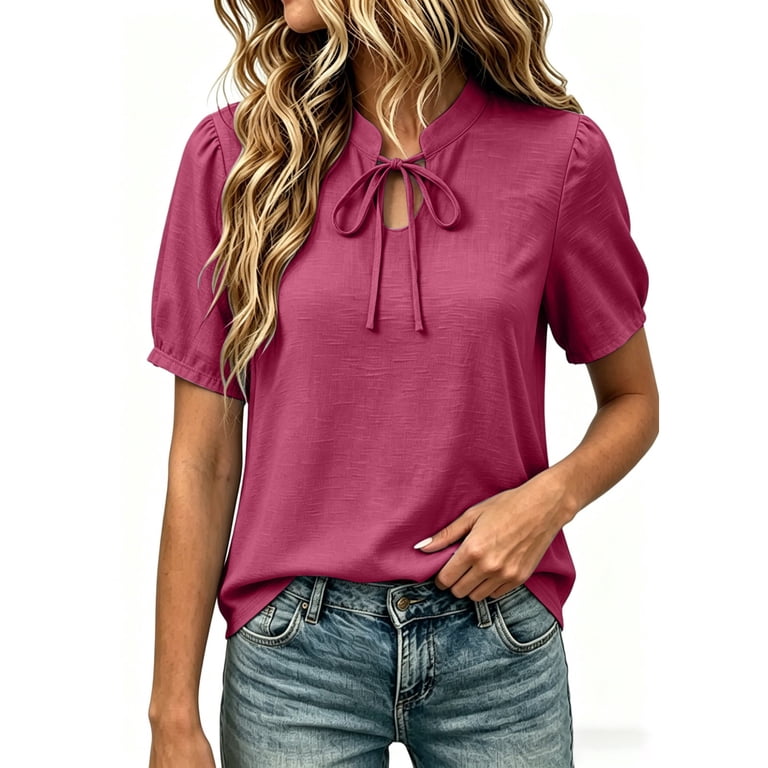 TGSLY Bow Tie Front Linen Tops for Women Lightweight Soft Keyhole