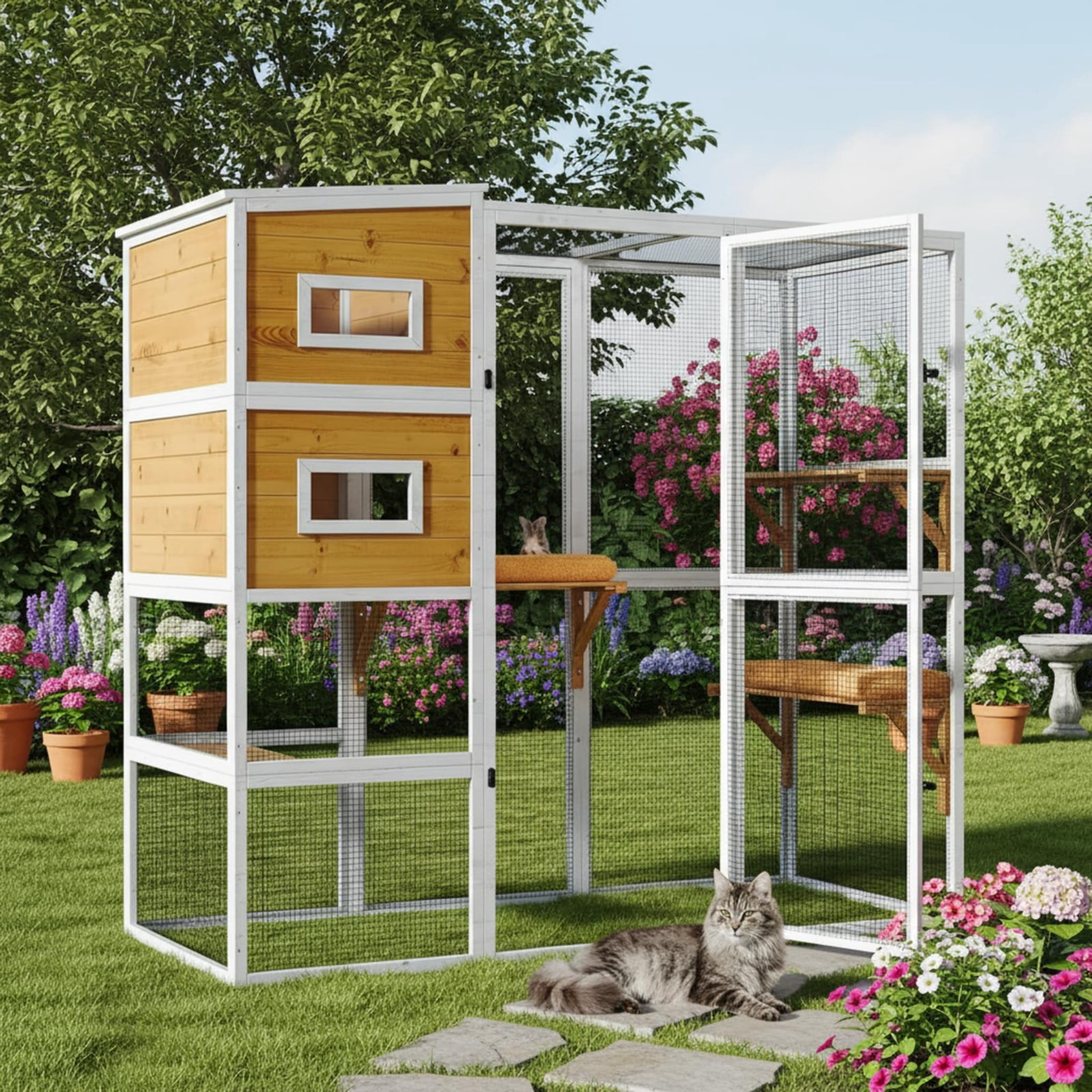 Large Catio Outdoor Cat Enclosure Window, 4 Tier Indoor House for Cats with Waterroof Roof, 3 Resting Rooms, 3 Platforms,Outdoor Catio Patio with Balcony, Connect to Window with 2 Large Door