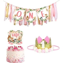 Pink Woodland 1st Birthday Decorations for Girl - Forest Animal High Chair Banner, One Cake Topper, One Baby Crown, 3 in 1 Jungle Wild Themed First Birthday Party Supplies