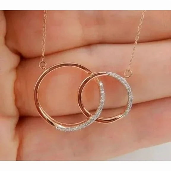1.50Ct Round Cut Real Moissanite Womens Circle Interlocking Pendant Necklace 14K Rose Gold Plated