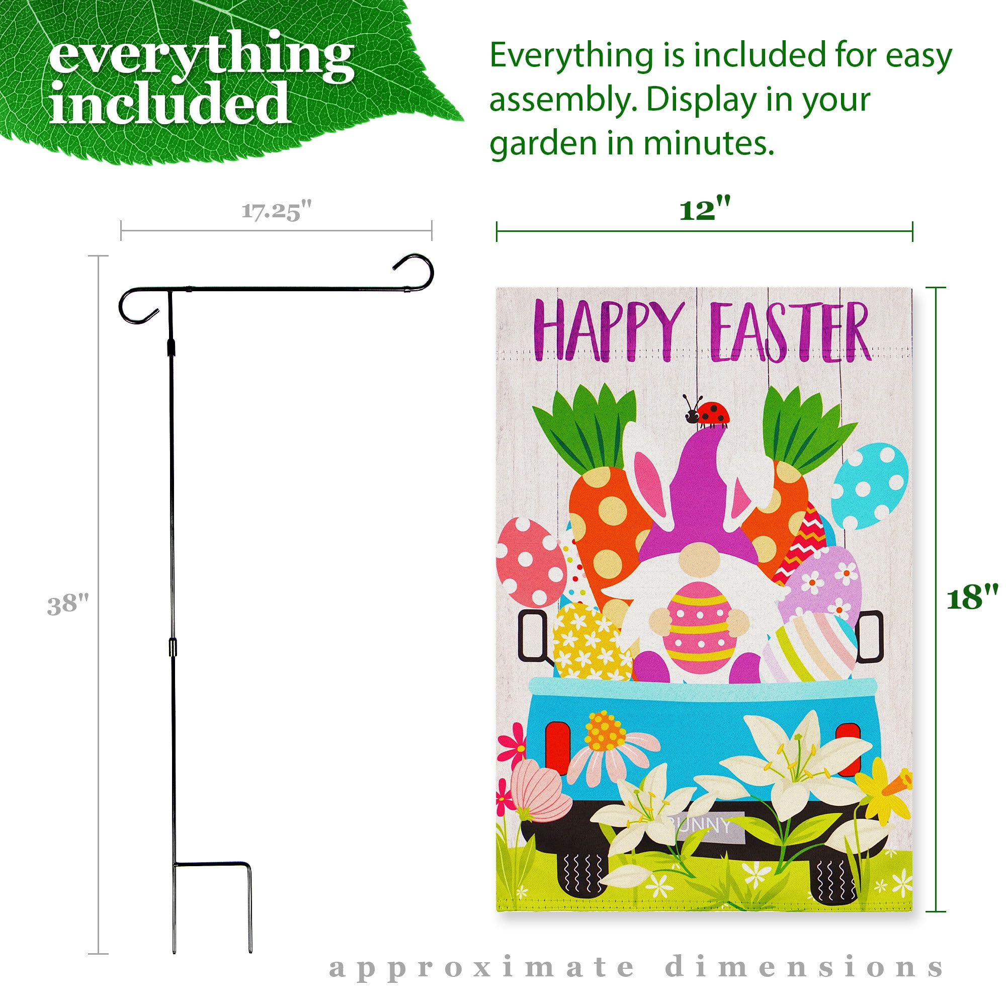 G128 2sets: 36"x16" Flag Stand & 12"x18" Double Sided Gnome Truck Garden Flag Easter Polyester