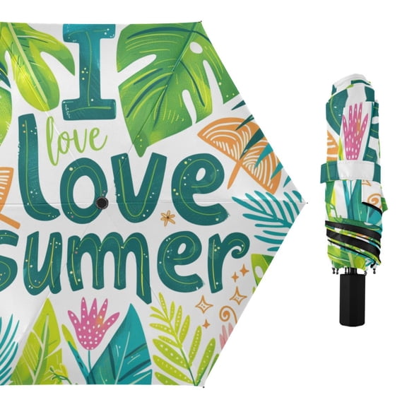 I Love Summer Leaves Compact Sun Umbrella Windproof Travel Umbrellas for Rain Strong Portable UV Protection