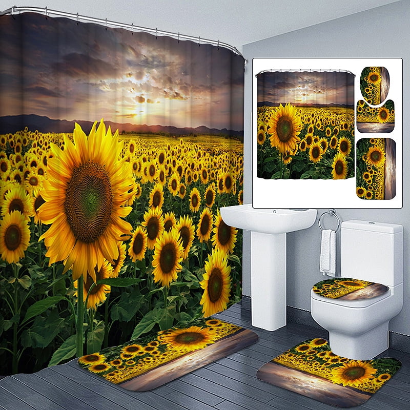 US Sunflower Waterproof Shower Curtain Bathroom Toilet Seat Cover Rug Mat Set 