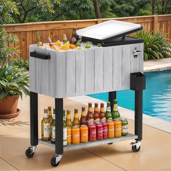 ModFusion 33" Portable Patio Cooler Cart with 80 Quart, Bottle Opener & Drainage, Rolling Drink Cart