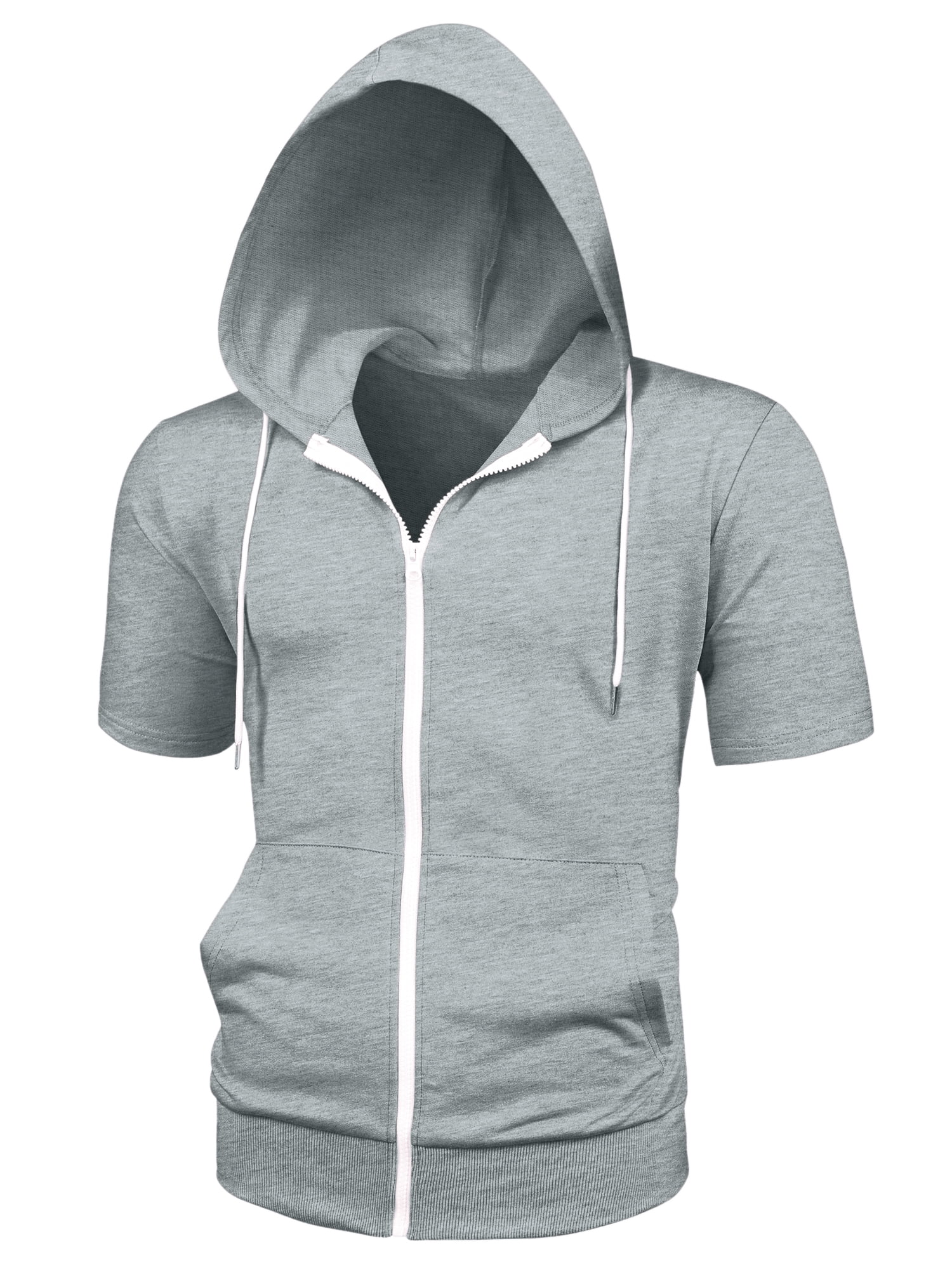 Unique Bargains Men's Short Sleeve Solid Color Zip Up Sport Hoodies S Gray