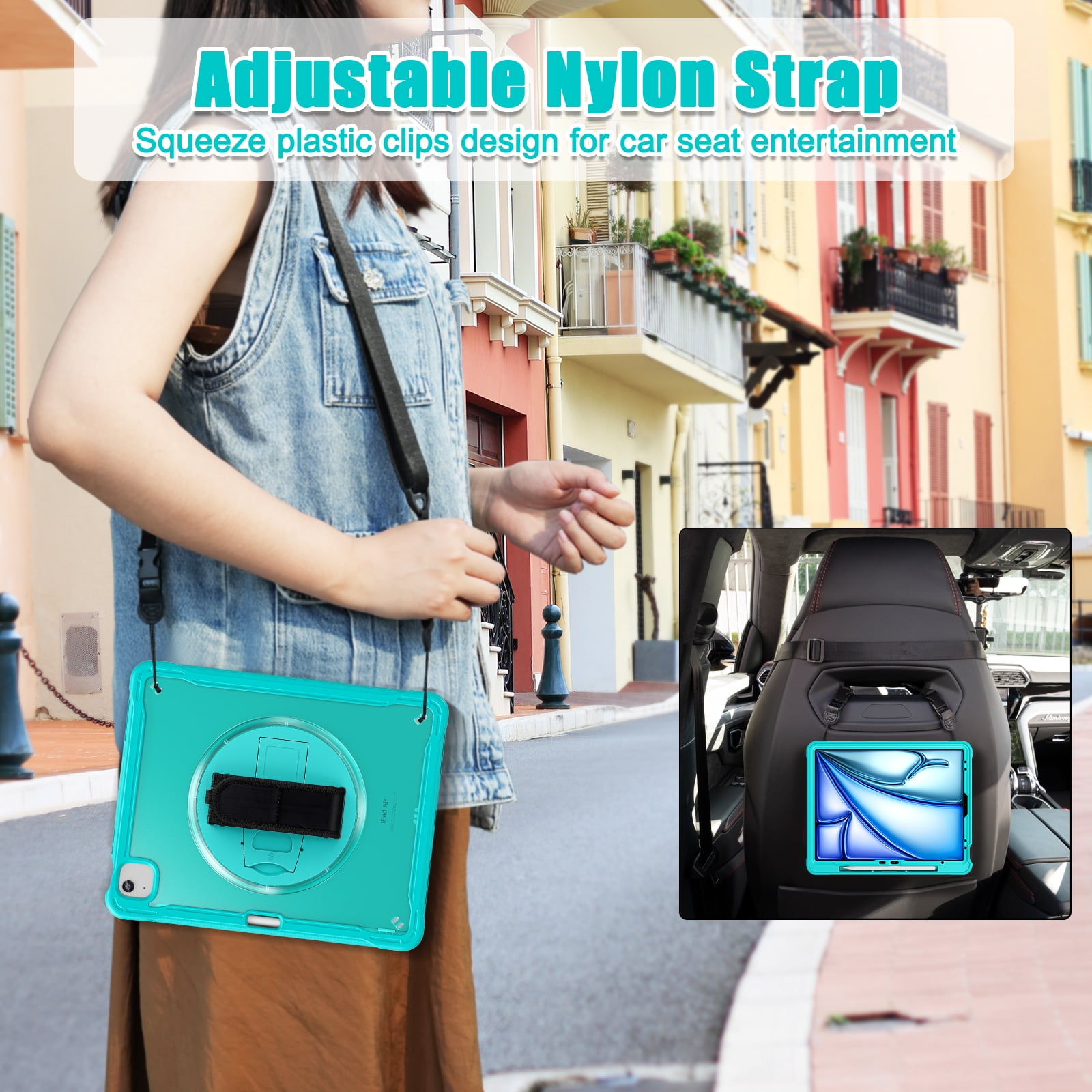 Dteck Case for iPad Air 13 inch 2025/2024,Military Grade Shockproof Silicone Cover 360° Rotatable Stand- Shoulder Strap- Handle- Pencil Holder for iPad Air 13-in. M3/M2,Blue