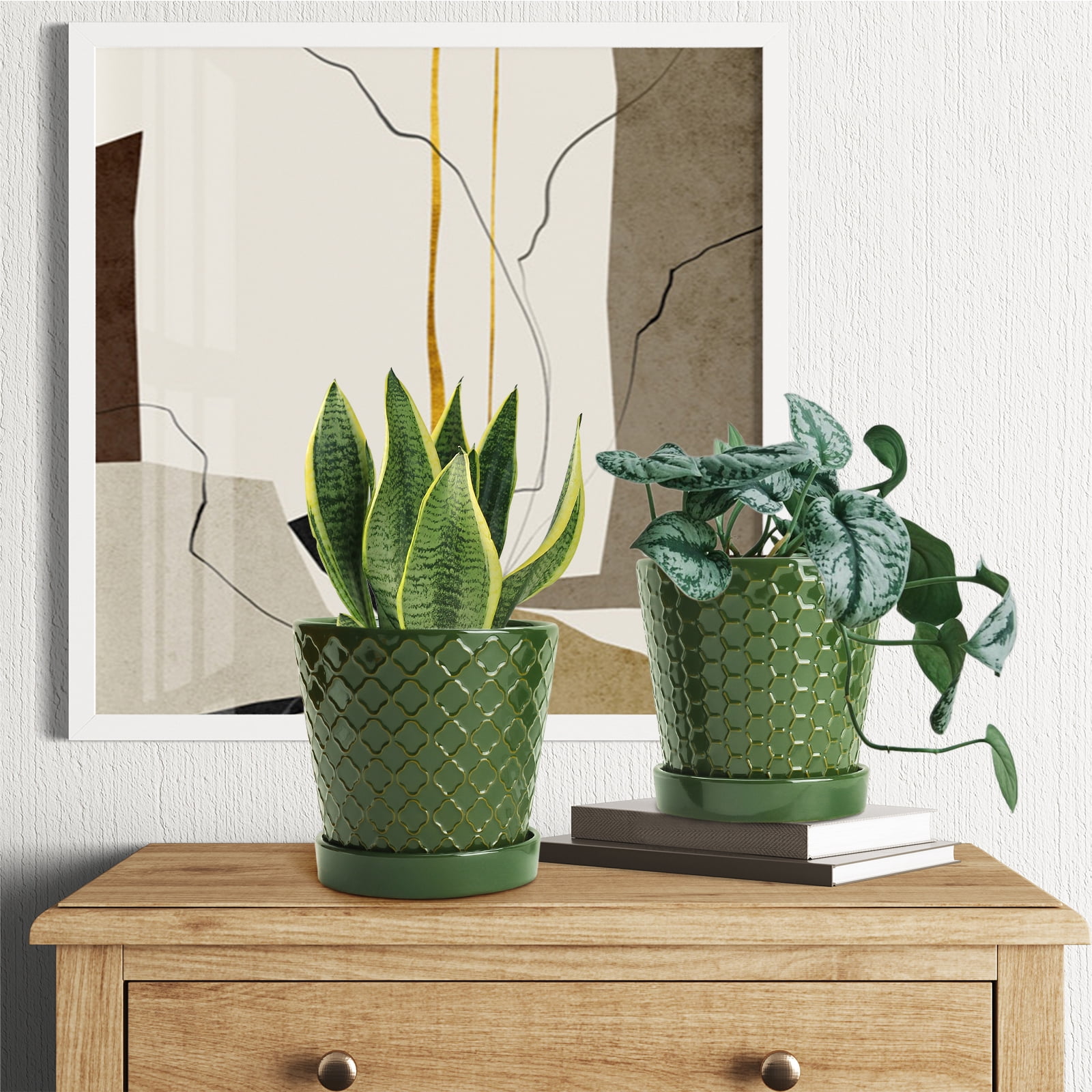 BUYMAX 5 inch Blackish Green Ceramic Indoor Plant Pots with Drainage Holes and Tray, Relief Design, Set of 4, Modern Minimalist Decor