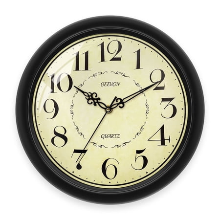 Geevon 12 IN Retro Wall Clock No Ticking Sound, Wall Clock with Quartz Accents and Vintage Patterns, Battery Operated for Kitchen, Bedroom, Office, Classroom, Living Room Decor (Black)