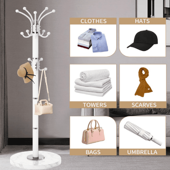 Metal Heavy Duty Coat Rack Stand, Modern 360° Roraty Freestanding Coat Rack with Natural Marble Base, White Coat Racks Hall Tree Hanger Stand with 16 Hooks for Entryway, Office