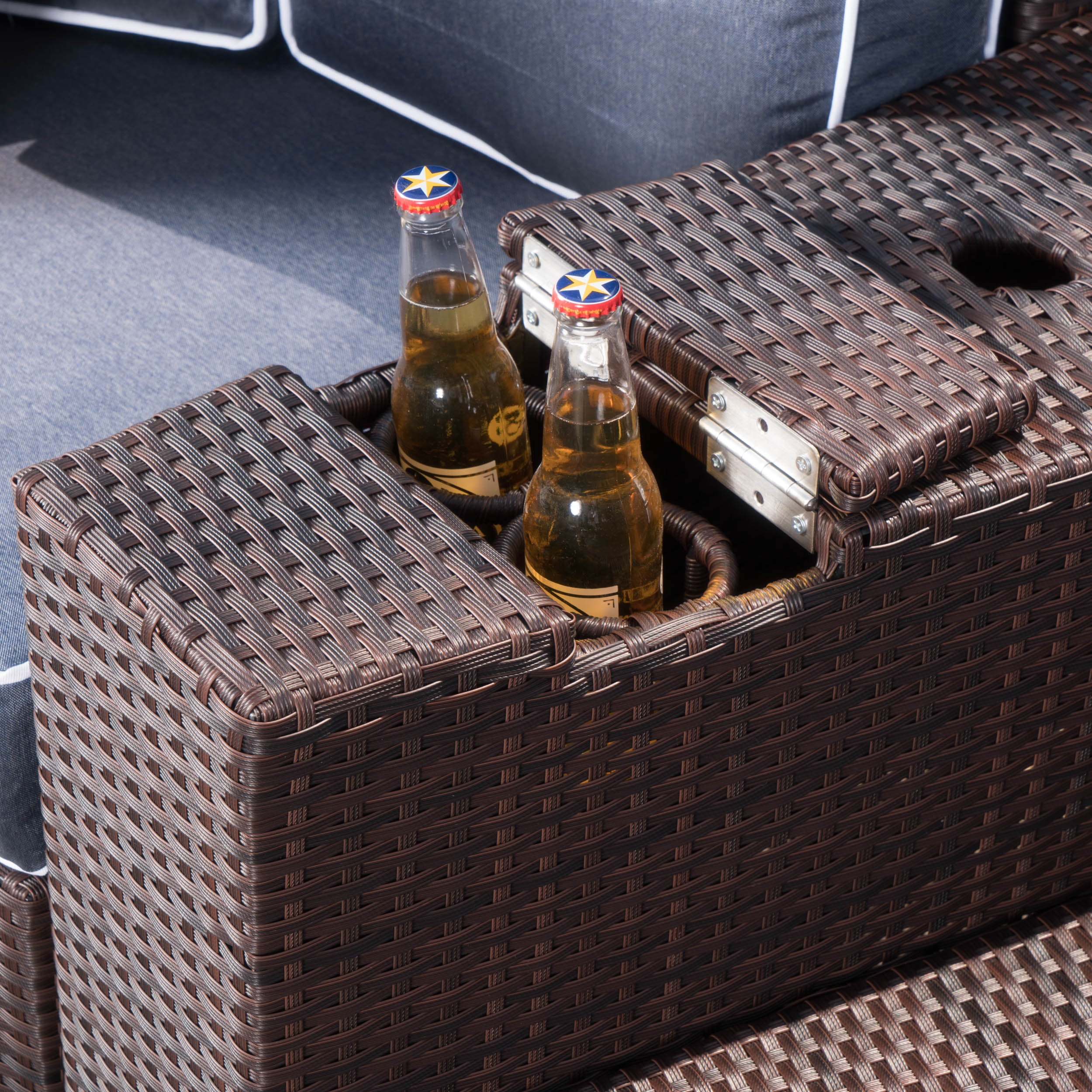 Sinclair 6 Piece Outdoor Wicker 1/2 Round Seating Set with Cushions and Ottoman, Brown, Navy Blue