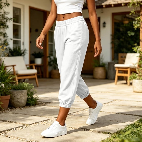 Linen Capris Tapered Cuff Black Capri Pants for Women Women Cropped Pants Womens Pants Elastic Waist Lightweight Summer Pants Women Black Beach Pants White XL
