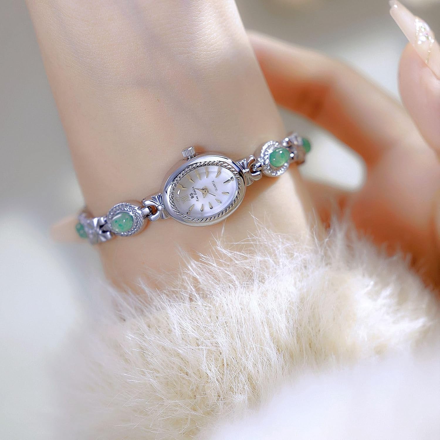 Gold Watches for Women with Small Vintage Bracelet Elegant Jade Oval Dial Dress Watch Fashion Quartz Wrist Watch Waterproof Watch