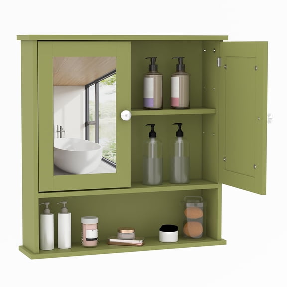 Bathroom Wall Cabinet with Mirror Doors, Wall Mounted Medicine Cabinet with Adjustable Shelf & Open Storage, Over Toilet Bathroom Storage Organizer, Farmhouse Bathroom Cabinet for Small Spaces, Green