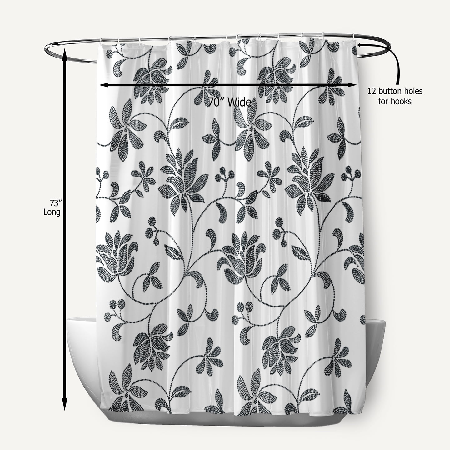 Simply Daisy 70" W x 73" L Traditional Floral Polyester Shower Curtain, Black [1 Ct]