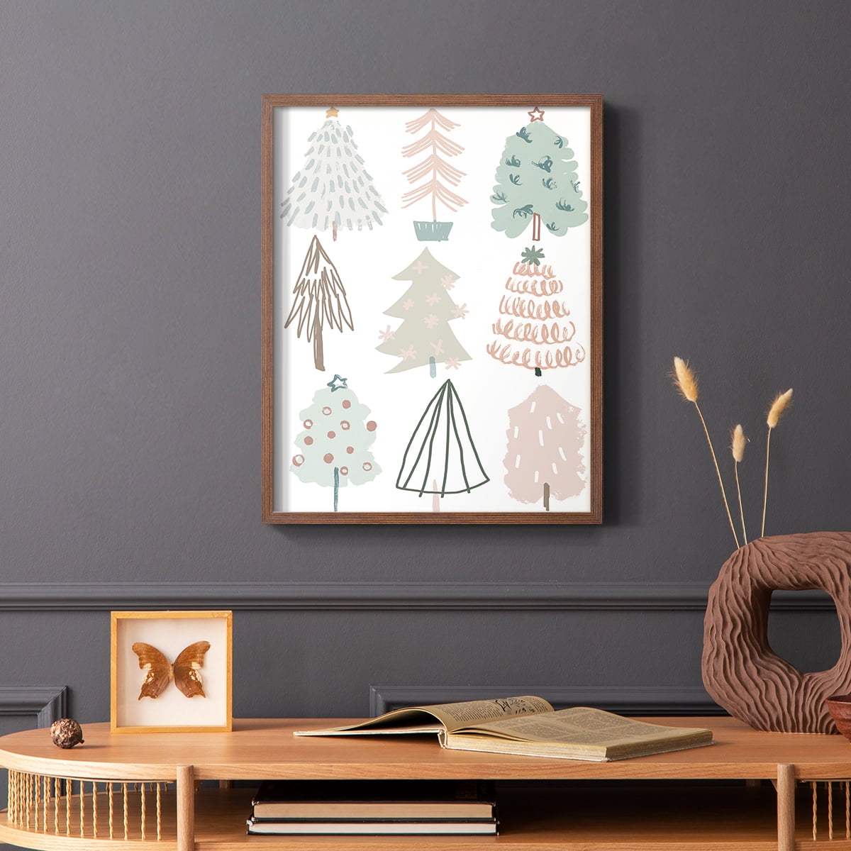 Christmas Tree Sketchbook I Framed Print in Brown Solid Wood Framed Print No Nail Hanging