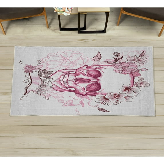 Grunge Decorative Rug, Skull and Flowers Day of the Dead Mexican Traditional Celebration Symbolic Art, Quality Carpet for Bedroom Dorm and Living Room, 6 Sizes, Hot Pink, by Ambesonne