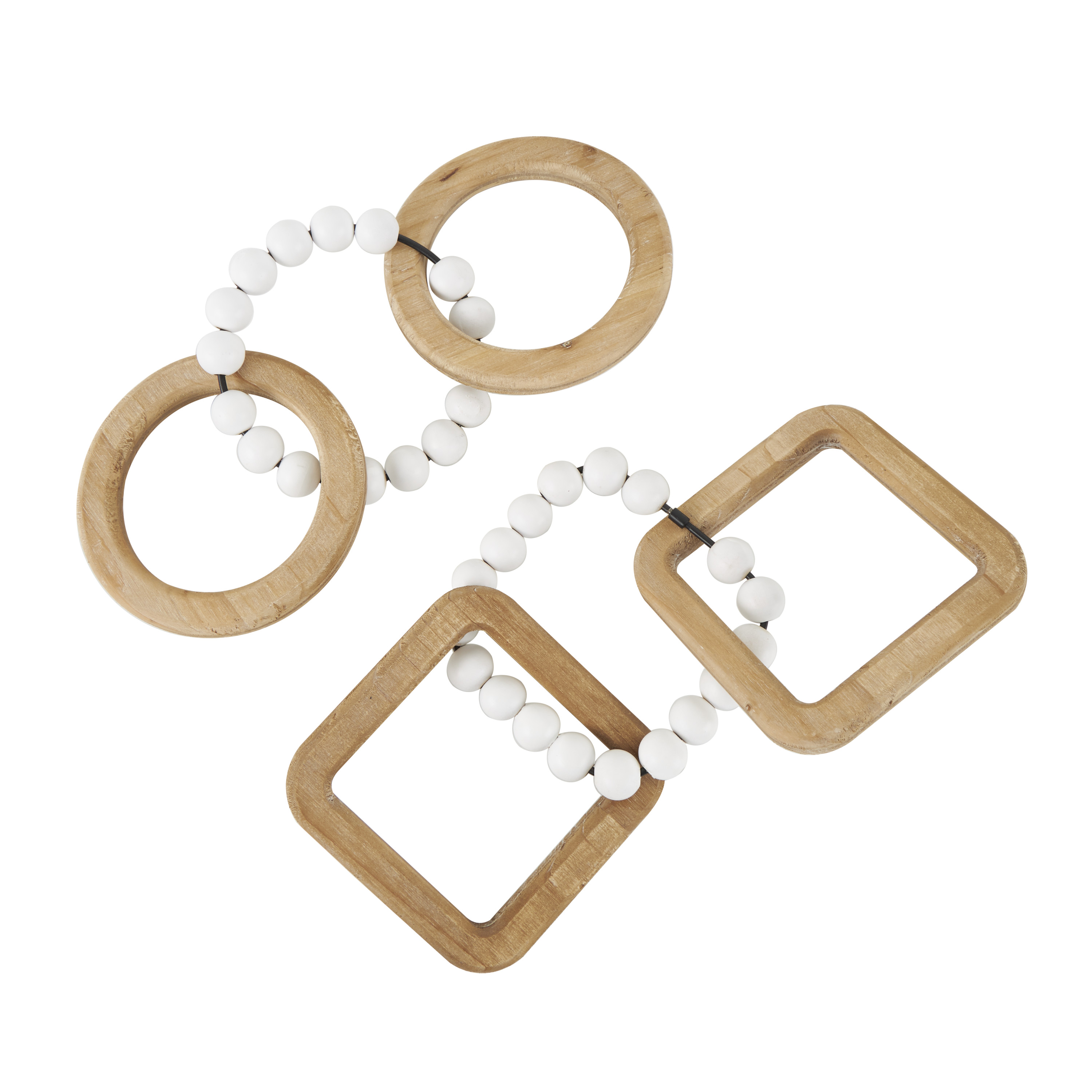 14"W, 2"H Brown Wood Geometric 3 Link Chain Sculpture with White Beaded Accents, by DecMode (2 Count)