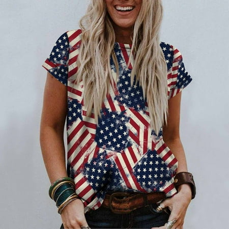 

Puls Size Crew Neck T Shirt for Women Independence Day Summer Tops Loose Flag Pattern Short Sleeve Tees