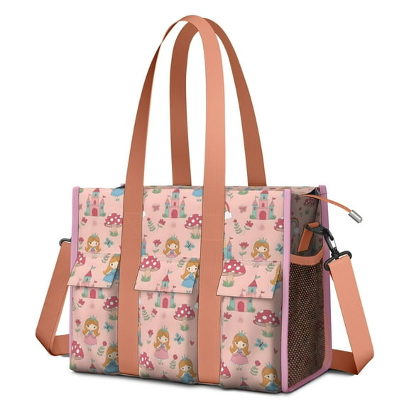Teacher Tote Bag,Princess Mushroom Castle Pattern Teacher Utility Tote Bag,Large Work Tote Bags for Women with Multiple Pockets,Top Zipper Closure,13.8x10.6x6.7 Inch