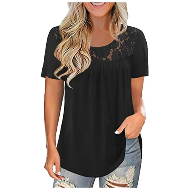 T-shirts à Manches Courtes pour les Femmes de Mode Dentelle Solide Épissage Col Rond T-Shirt Chemisier Tops