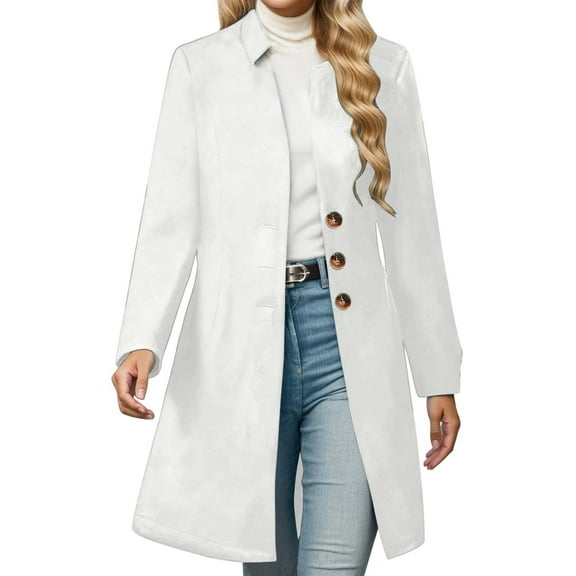 Arlun Womens Wool Coats Solid Color Mid-Long Stand Collar Overcoats 2025 Winter Fashion Double Pea Coat Business Casual Loose Long Sleeve Outwear Clothes White XL