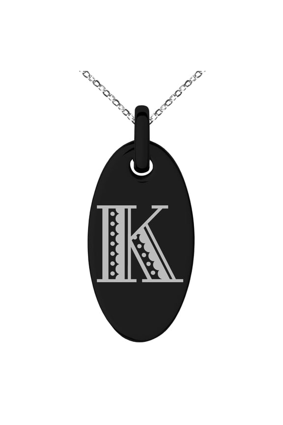 Stainless Steel Letter K Initial Metro Retro Monogram Engraved Small Oval Charm Pendant Necklace