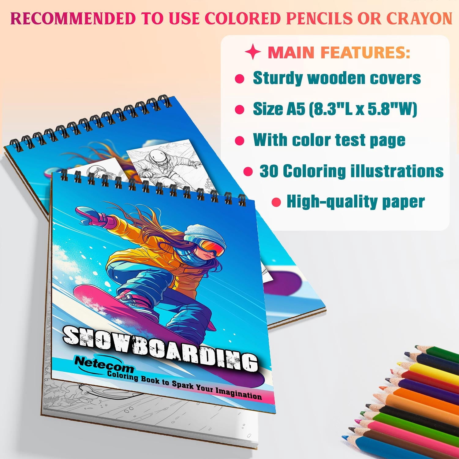 Netecom Snowboarding Coloring Book for Adults, A5 Wooden Cover, Spiral Bound, 30 Awesome Illustrations of Winter Sports for Stress Relief and Relaxation