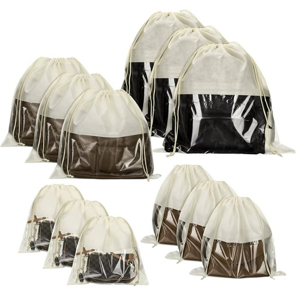CCNZZITSHT 12 Pcs Dustproof Drawstring Bags Purse Dust Storage Bags for Handbags Covers Non Woven Fabric Cloth Pouch String Packing Organizer Shoe Pouch(Assorted Sizes,Beige)