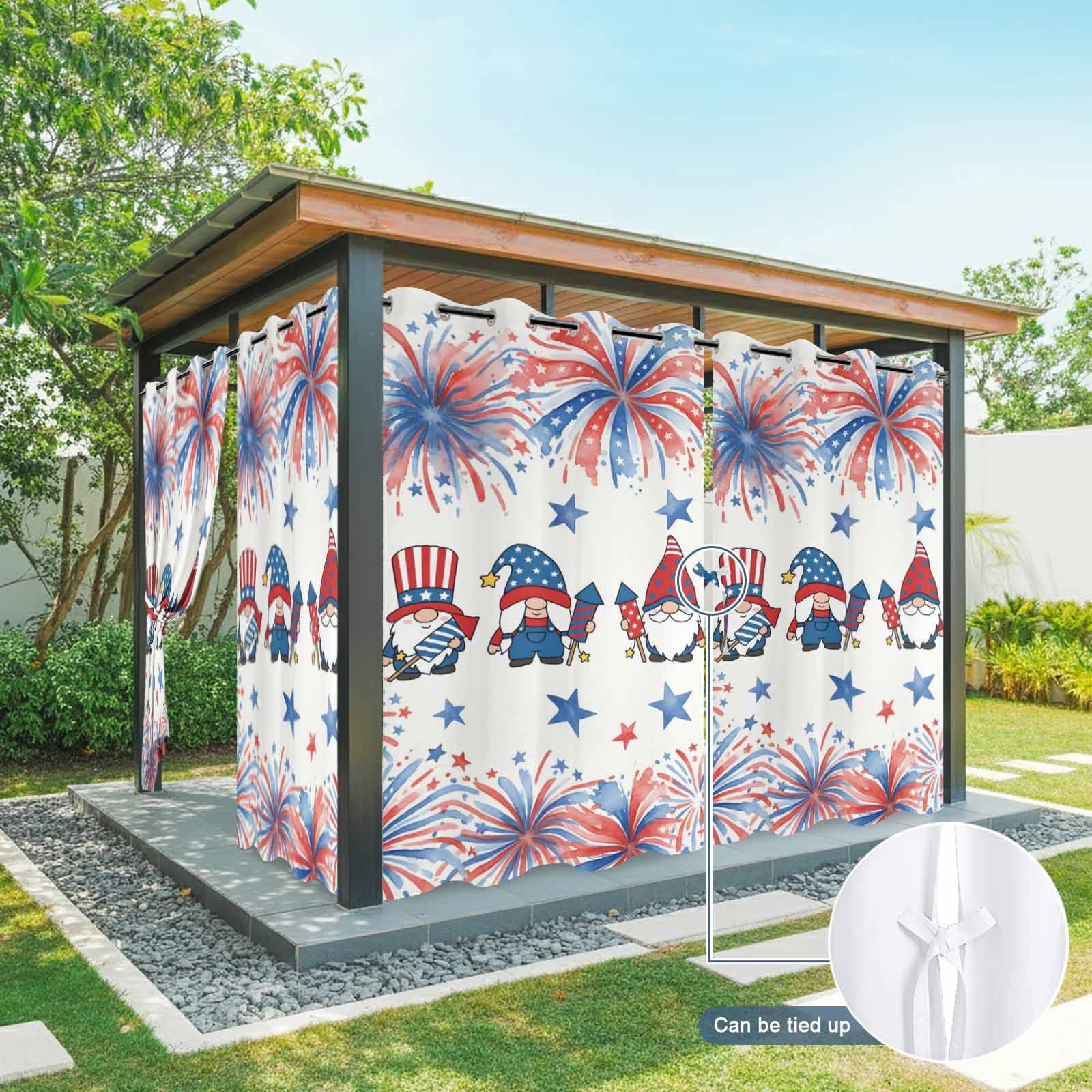 Independence Day Outdoor Curtains for Patio, American Flag Gnome Red Blue Fireworks Country Sunshade Privacy Drapes Grommet Waterproof Outside Curtains for Porch/Cabana/Balcony 54"x 108", 1 Panel