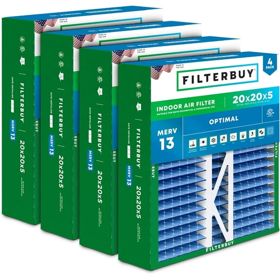 Filterbuy 20x20x5 Air Filter MERV 13 Smoke Defense, Pleated HVAC AC Furnace Filter Replacement for Honeywell & More, 4-Pack