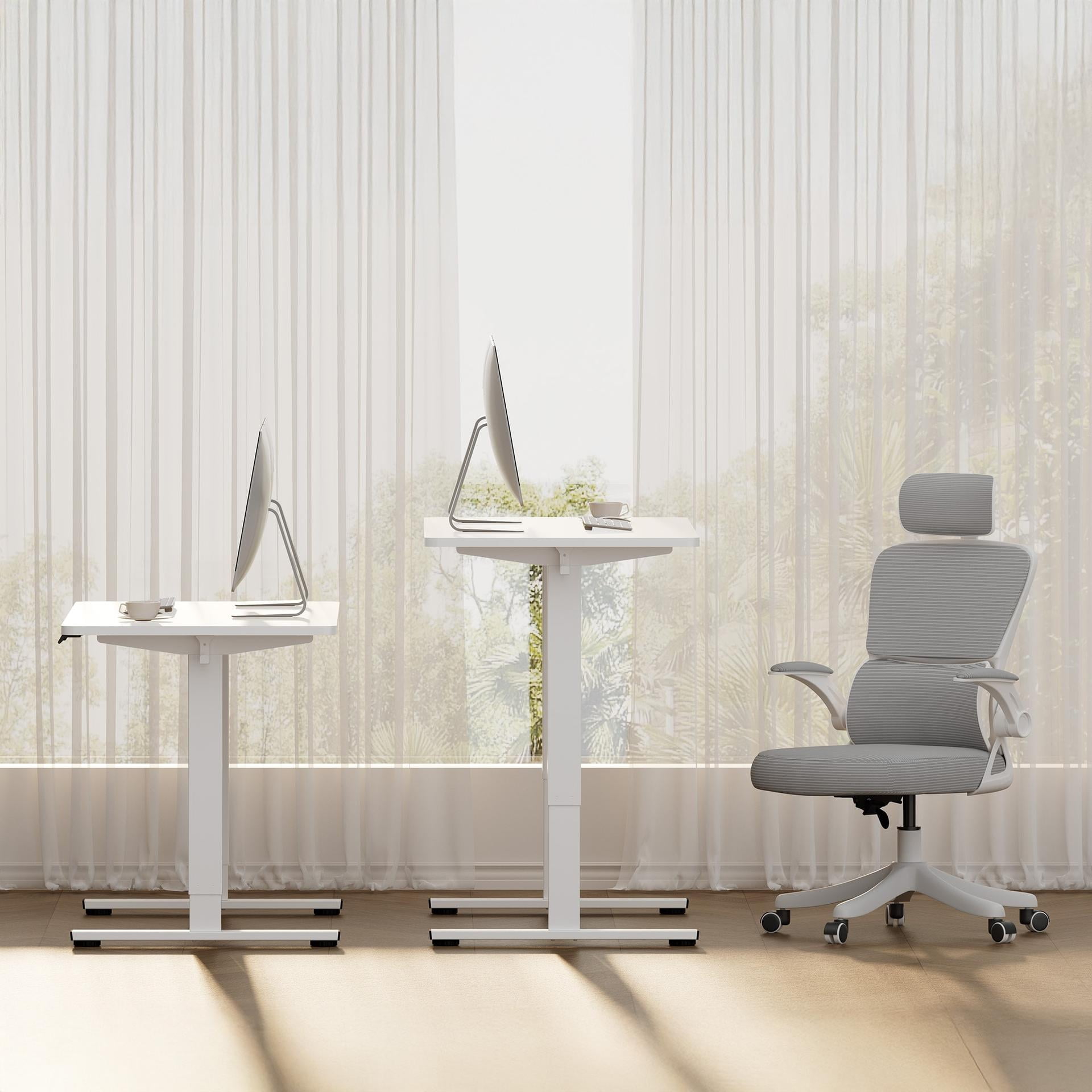 Lisonu Electric Standing Desk, Height Adjustable Sit Stand Workstation with Whole-Piece Desktop for Home Office, White Frame with White Top