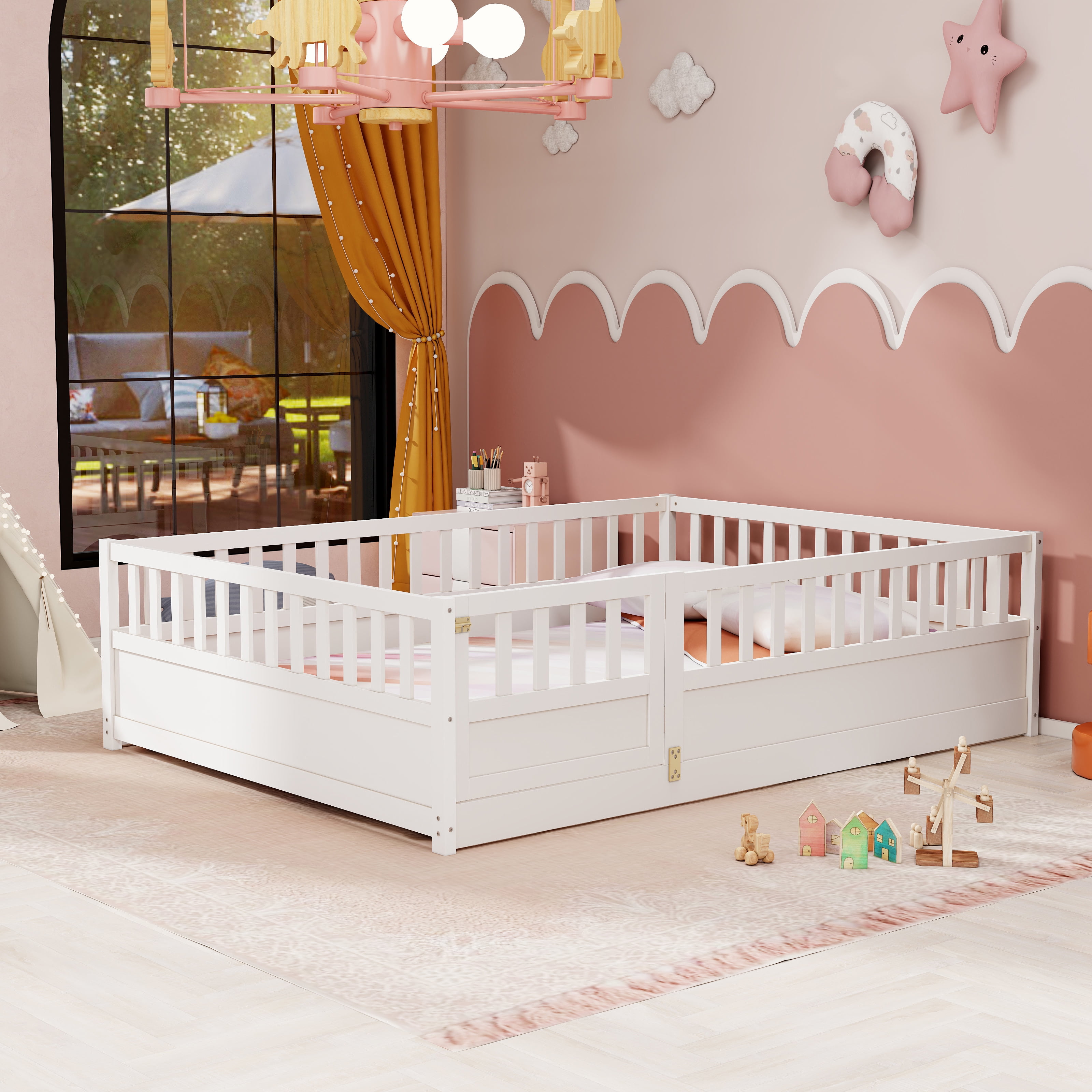 Wood Floor Bed with Fence and Door for Kids, Full, White