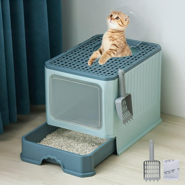 Largo Arenero/Inodoro para Gato con Pala,Removibles Plegable Arenero Cerrado 50*40*40cm,Caja de Arena para Mascotas(peso<13KG) con Puerta Superior&Puerta Lateral Móvil de dos Direcciones,Desodorizante