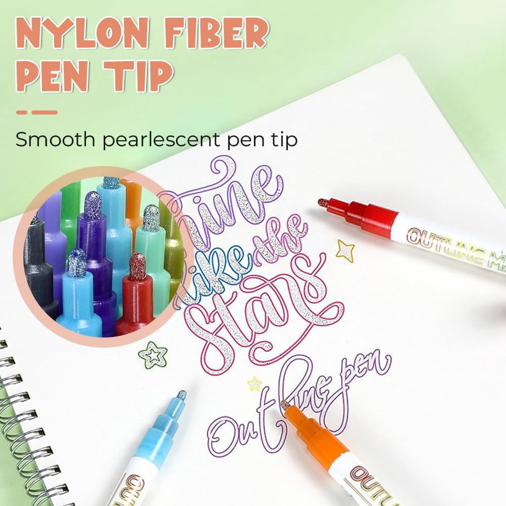 Dual-Line Highlighter, 2024 New Glitter Gel Double Line Outline Pen Sparkle Markers Colorful Art Pens for Writing, Scrapbooking, Coloring and, Journal Drawing, Greeting Cards (8 Pcs) (24 Pcs)