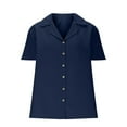 thumbnail image 4 of Cotton Linen Button Up Shirts with Collar Womens Solid Color Loose Summer Tops Casual V Neck Blouses (M, Navy), 4 of 6