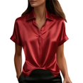 thumbnail image 2 of Only Moment Button Down Shirts Short Sleeve V Neck Satin Rolled Cuffed Short Sleeve Shirts Casual Work Blouse Summer Hawaiian Outfits Blouses for Women Dressy Casual Red,2XL, 2 of 6