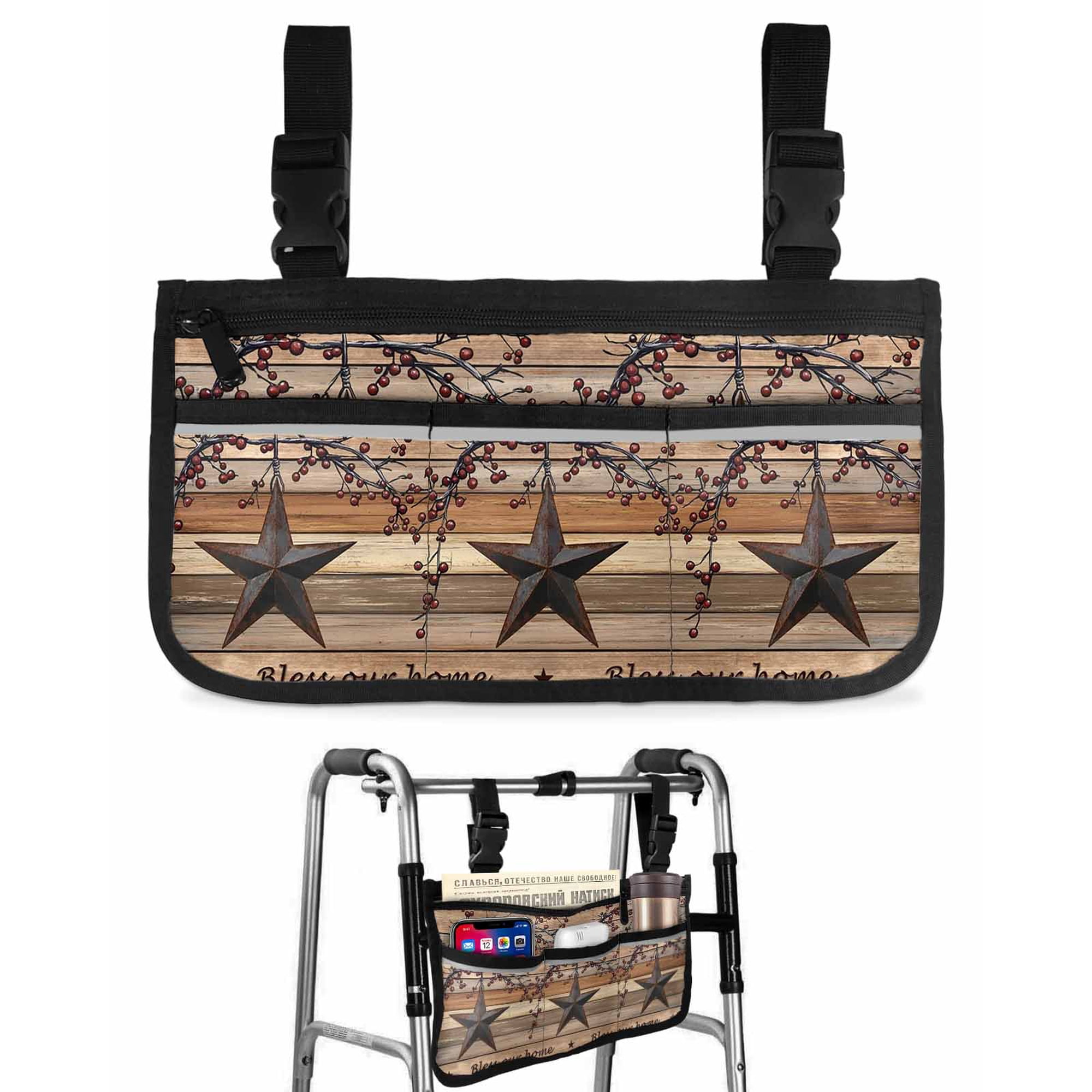 Khaki Brown Texas Star Wheelchair Side Bag Walk Bag Basket, Retro Country Star Farmhouse Wooden Wheelchair Accessories Armrest Pouch, Organizer Storage Bags for Walkers, Rollators, Scooters, 7.3"x13"