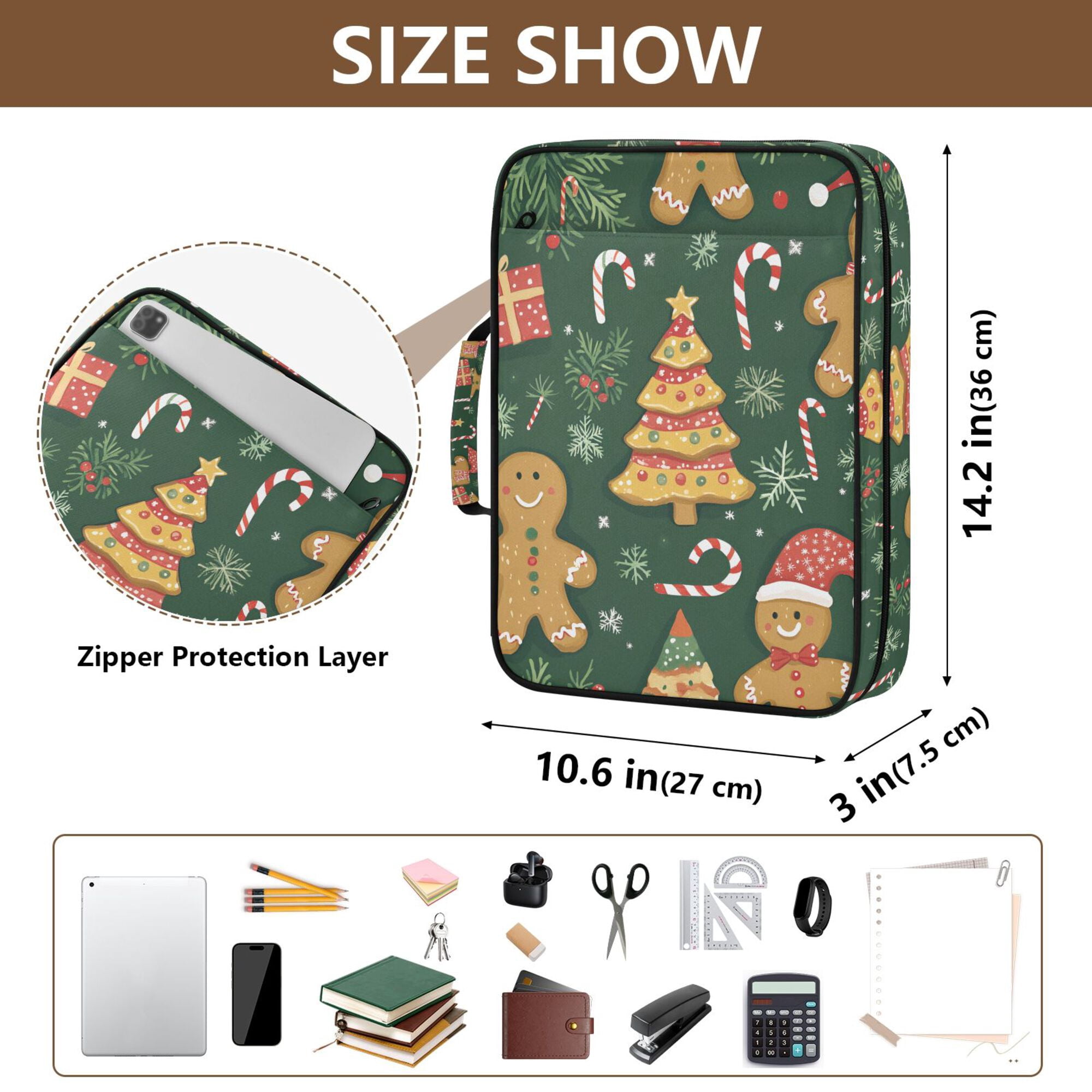 FORMRS Accordion File Folder A4 Size 7-Pocket Expanding Document Organizer Bag with 3 Ring Binder, Beige Christmas Gingerbread