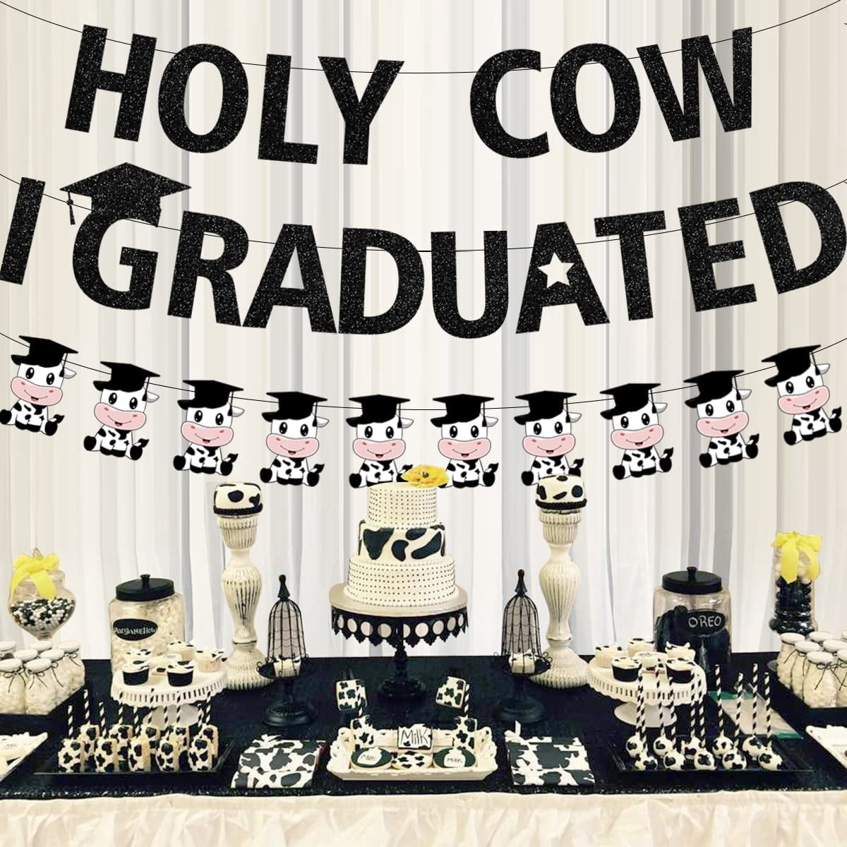 Holy Cow I Graduated Banner, Cow Congrats Graduation Decoration with Black Cap Pre-assembled Class Of 2023 Graduation Party Decoration Supplies for High School College