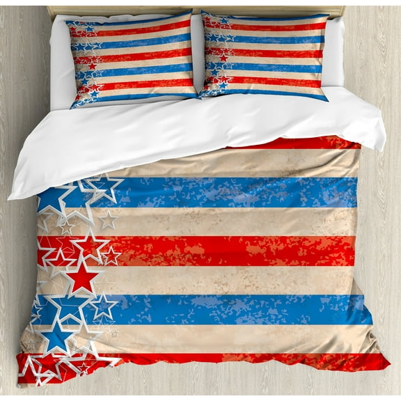 4th of July Duvet Cover Set, Stars and Stripes Abstract Design Patriotic Theme with Grunge Look, Decorative 3 Piece Bedding Set with 2 Pillow Shams, Queen Size, Blue Beige and Scarlet, by Ambesonne