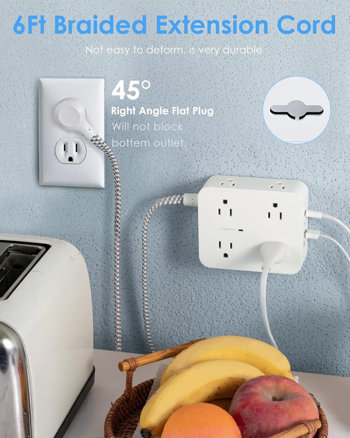 AllWays Plaza Extension Cord 20 Ft, Power Strip Surge Protector with 8 Outlets 4 USB Ports(2 USB C), Long Cord, Flat Plug, Wall Mount, Desk USB Charging Station for Home Office Essentials