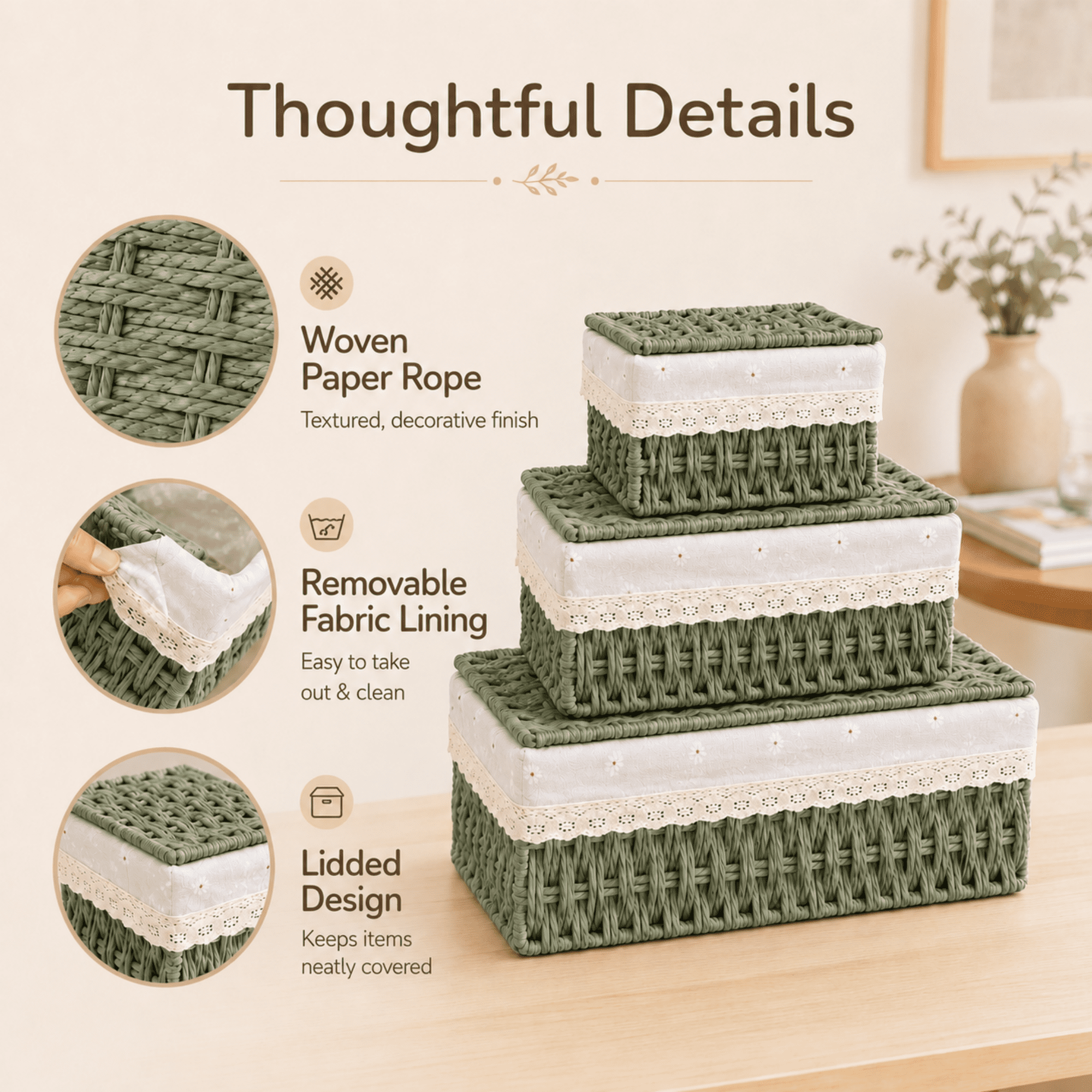 MEHOOM Wicker Woven Set of 3 Storage & Organization, Woven Storage Baskets for Bedroom, Closet, Table, or Living Room (Green)