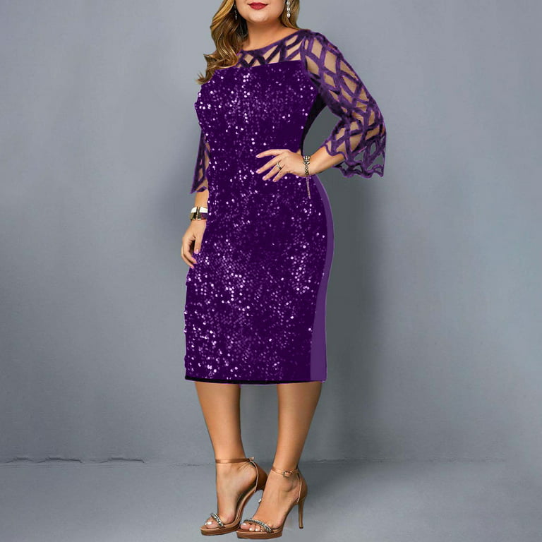 Womens Dresses Clearance Plus Size Women Trendy Casual Stylish Buttocks  Stitching Lace Printing Long Sleeves All Match Dress Purple XL JE 