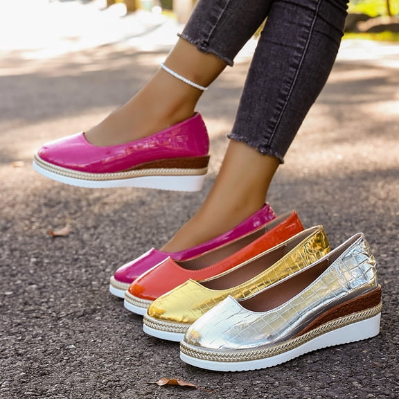 Women's Crocodile Embossed Platform Wedge Pumps, Round Toe Wedge Heel Dress Shoes, Plus Size Comfortable Wedge Heel Shoes for Spring Summer Wear