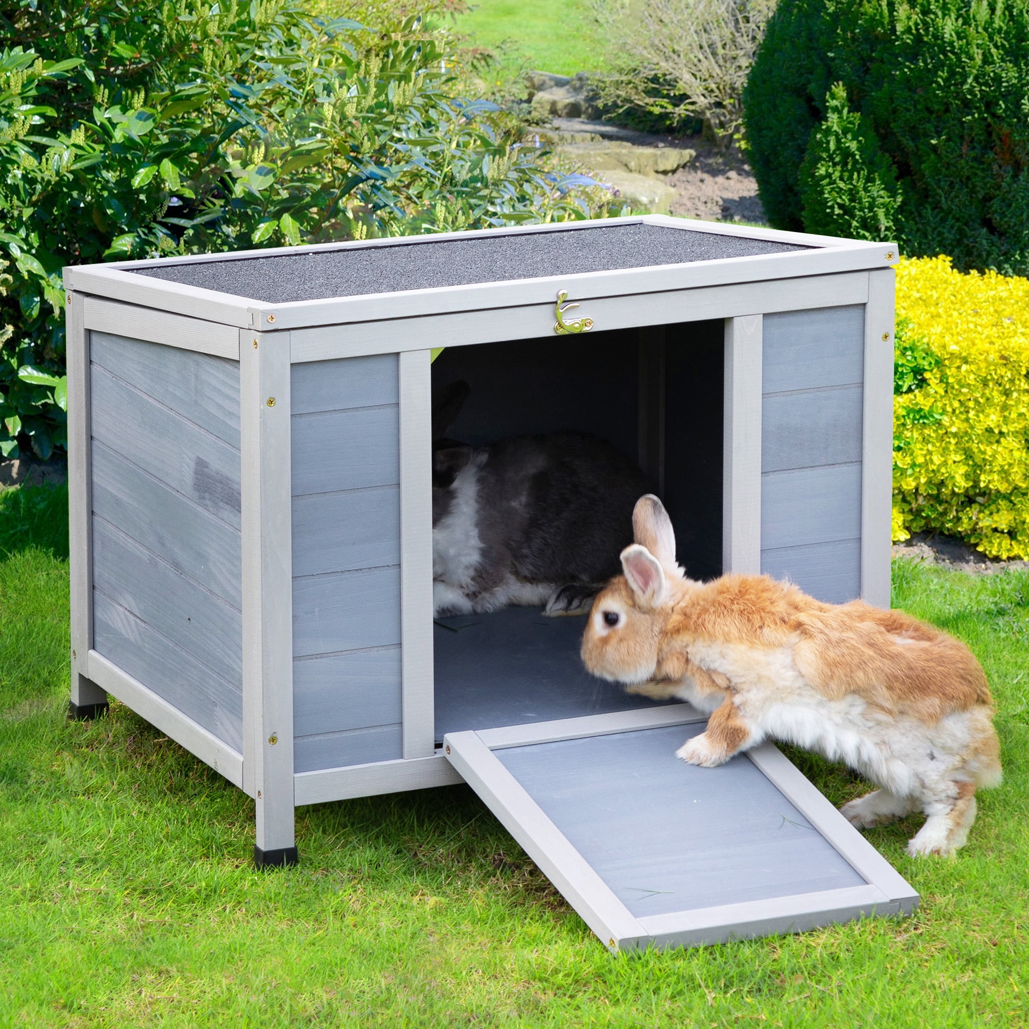 COZIWOW 24inches Wooden Catio Outdoor Cat House Small Animal House，Rabbit Hutch Indoor，Stable Weatherproof Bunny Cage Insulated Pet Shelter for Small Cat Dog Rabbit Guinea Pig(Grey)