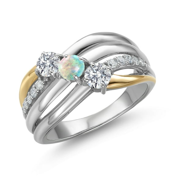 Gem Stone King 925 Silver and 10K Yellow Gold Lab Grown Diamond and Simulated White Opal and Lab Grown Diamond Engagement Ring for Women | 0.94 Cttw | Round 4MM | April Birthstone | Size 6